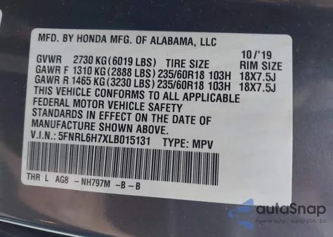 2020 Honda Odyssey Ex-L/Ex-L W/Navi Res z USA, uszkodzony, nr VIN 5FNRL6H7XLB015131